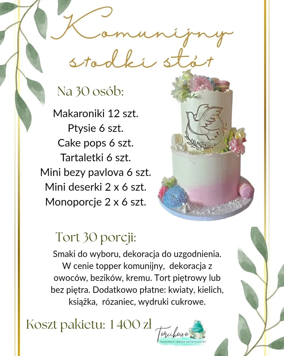 Pakiet komunijny na 30 osób: tort piętrowy lub bez piętra i słodkie przekąski